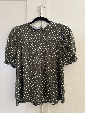 LOFT Olive Green Smocked Puff-Sleeve Blouse with White Spot Print NWT